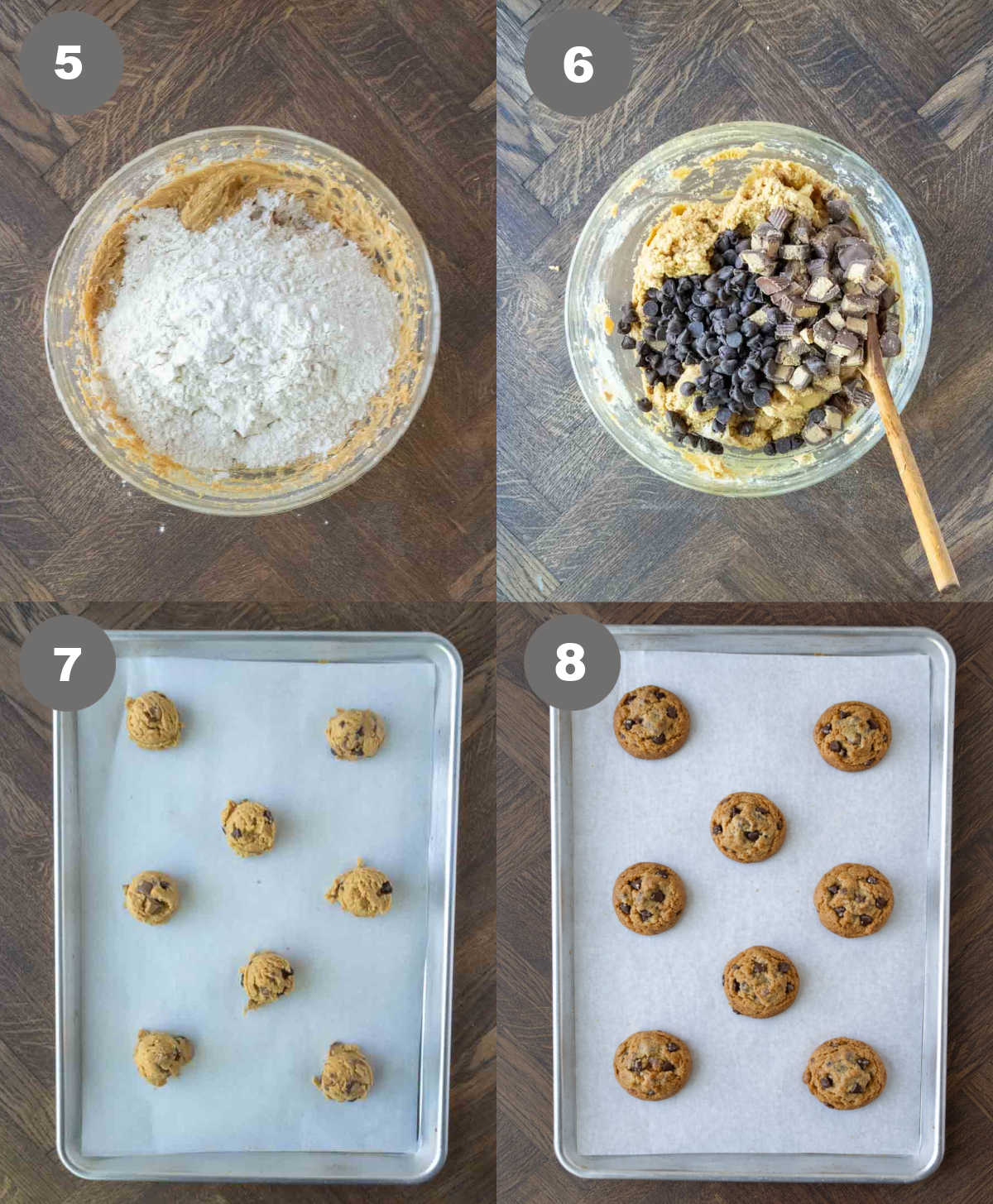 Steps 5 through 8 to make this peanut butter cup cookies recipe.