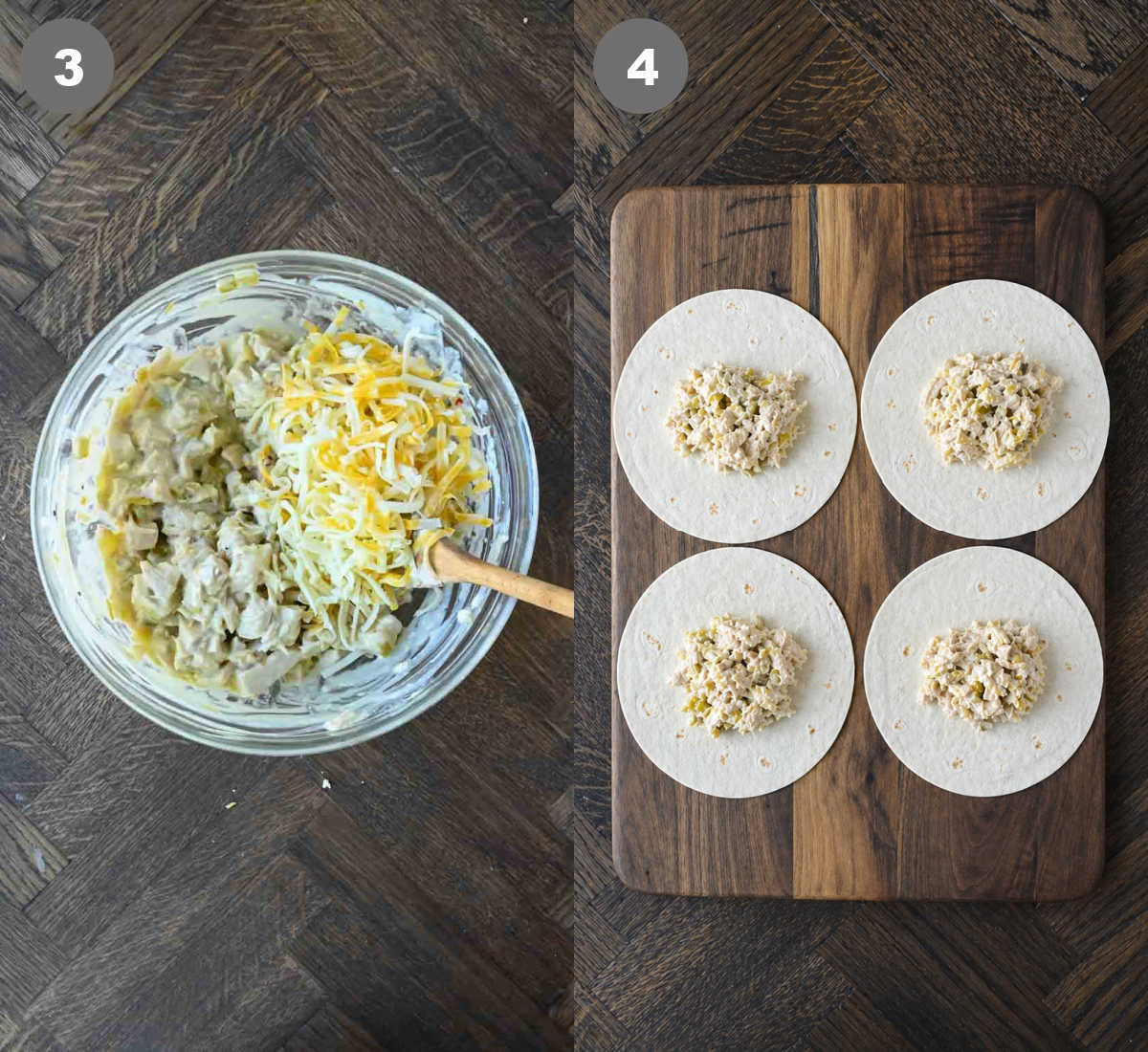 Steps 3 and 4 for white chicken enchiladas.