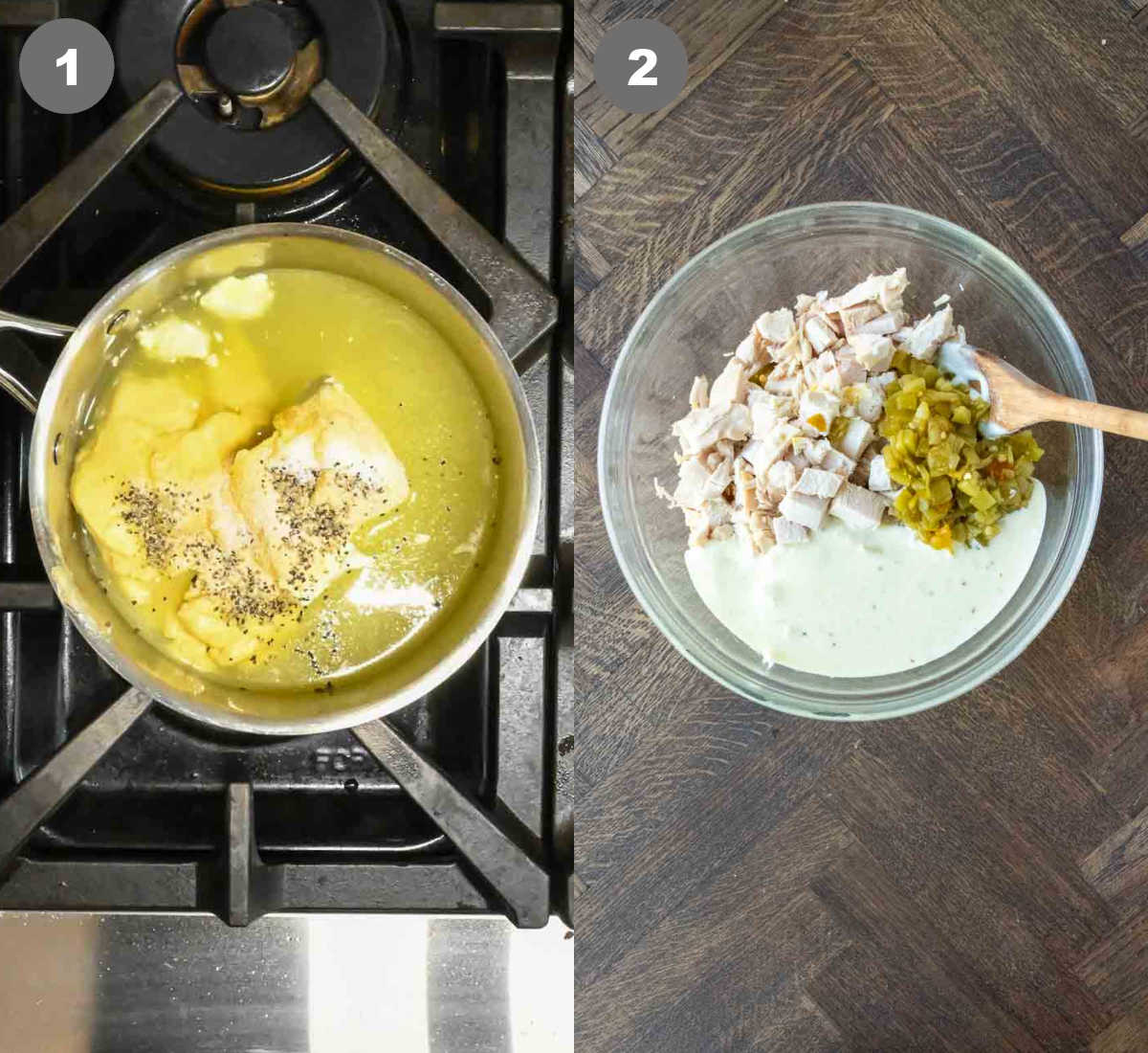 Steps 1 and 2 for rotisserie chicken enchilada recipe.