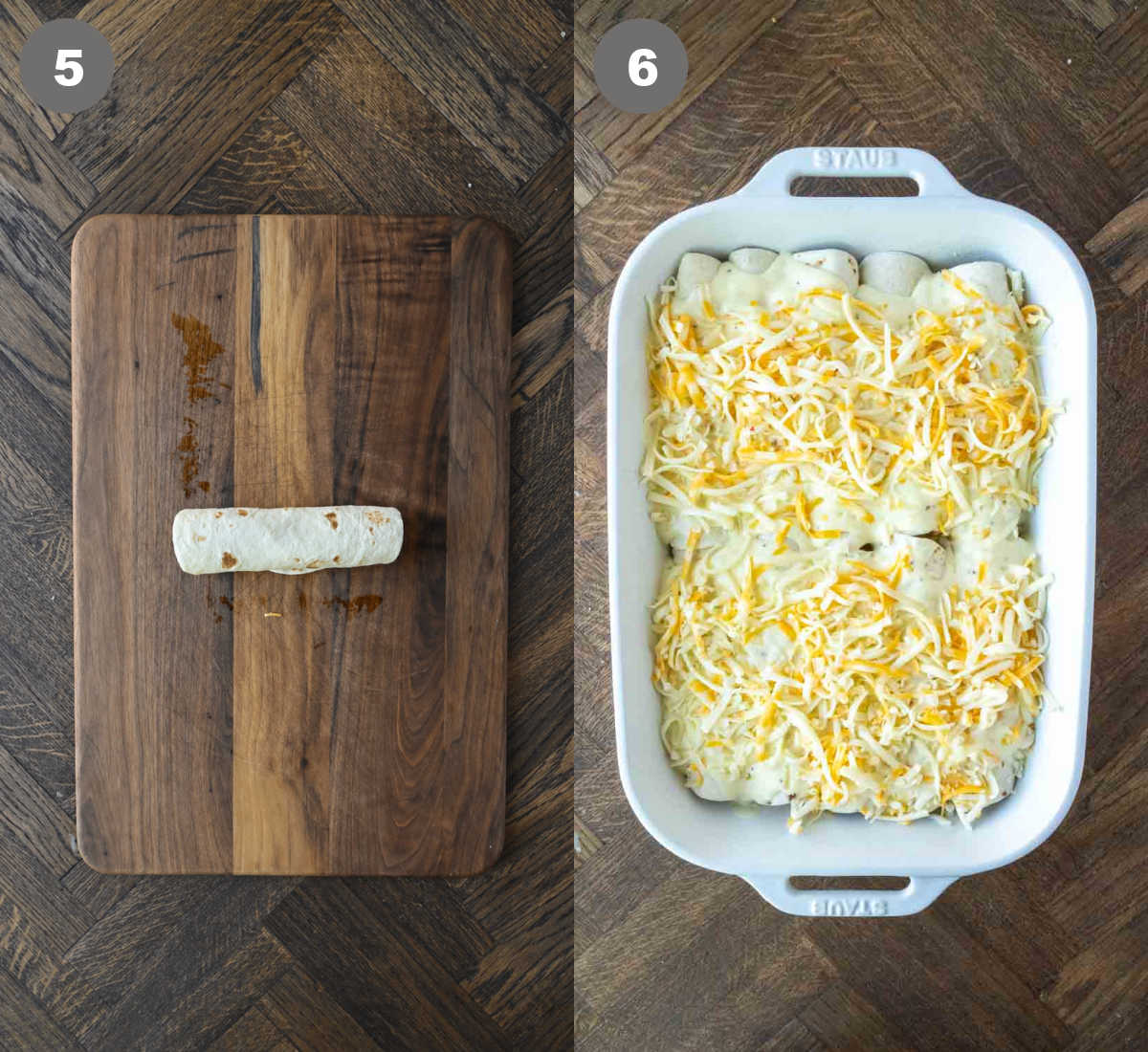 Steps 5 and 6 for making white chicken enchiladas.