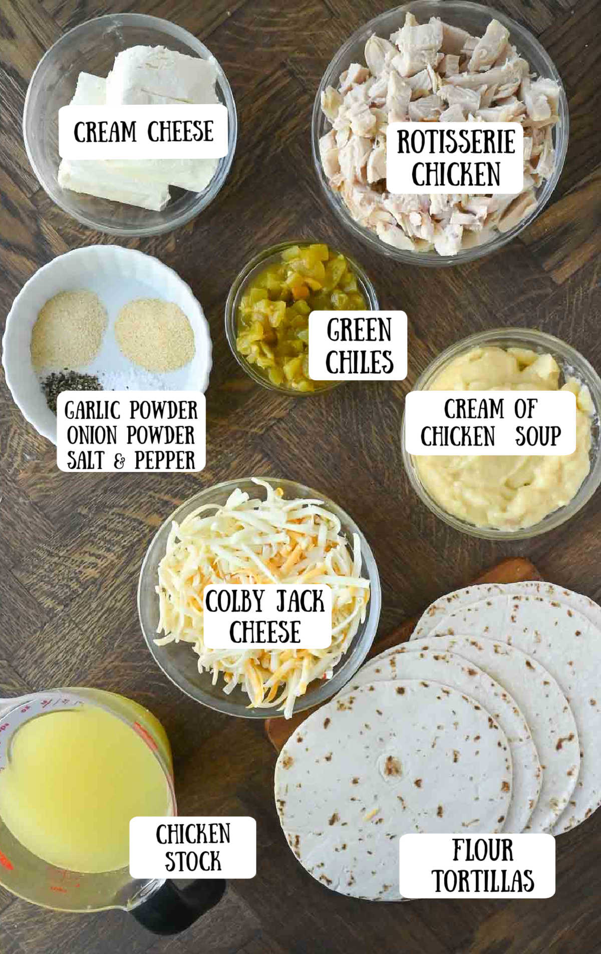 Labeled ingredients for rotisserie chicken enchilada recipe.