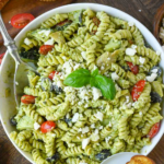 Pinterest graphic featuring creamy pesto pasta salad.