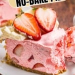 Pinterest graphic featuring a slice of no bake strawberry cool whip pie.