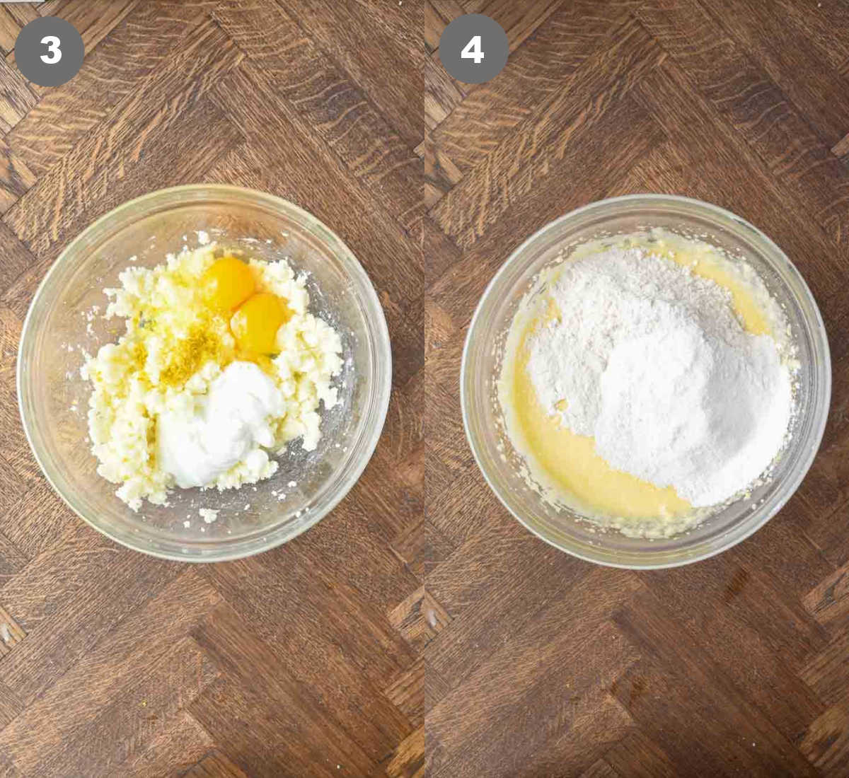 Steps 3 and 4 for making lemon zucchini muffins.