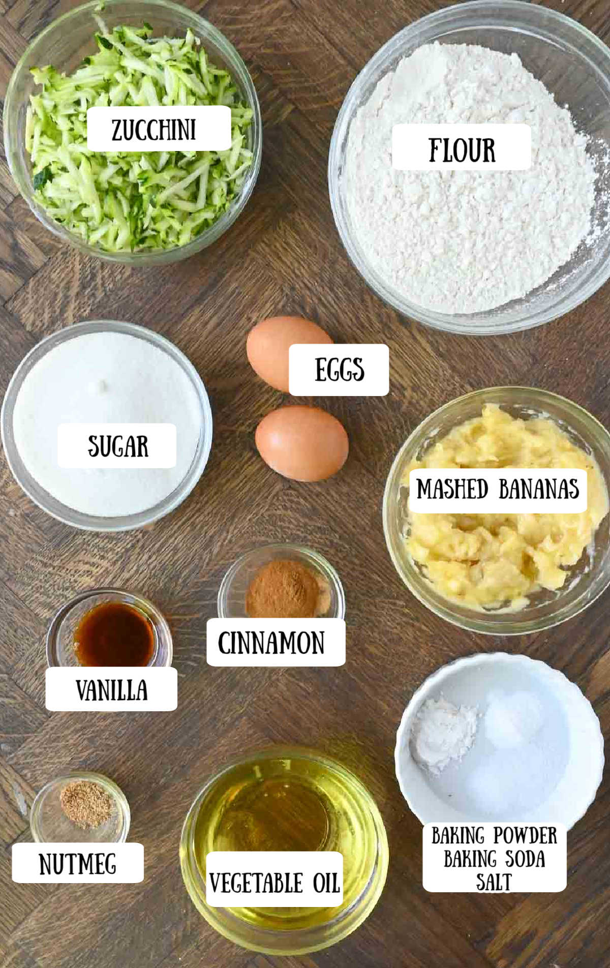 Labeled ingredients for banana zucchini muffins.