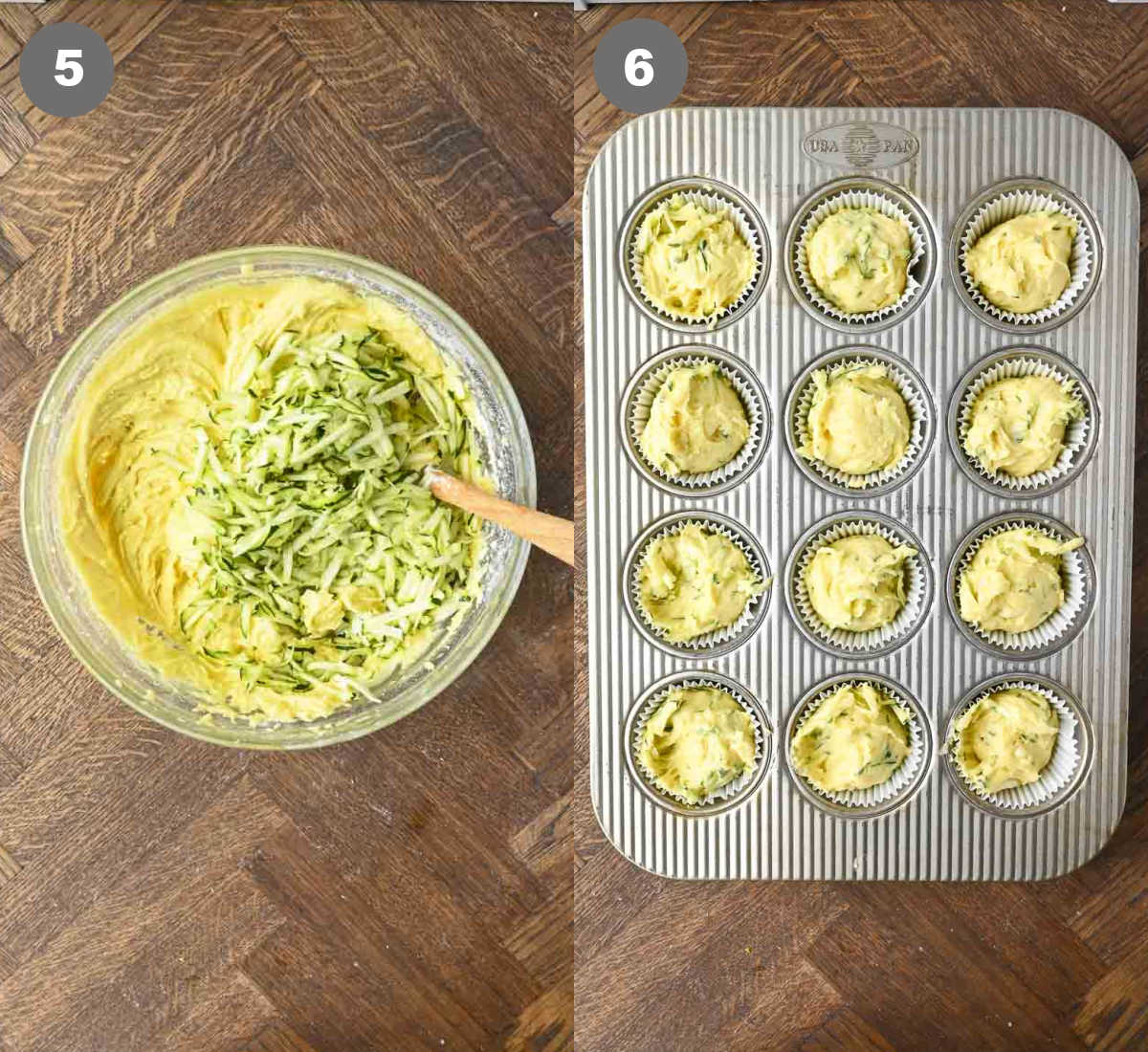 Steps 5 and 6 for making lemon zucchini muffins.