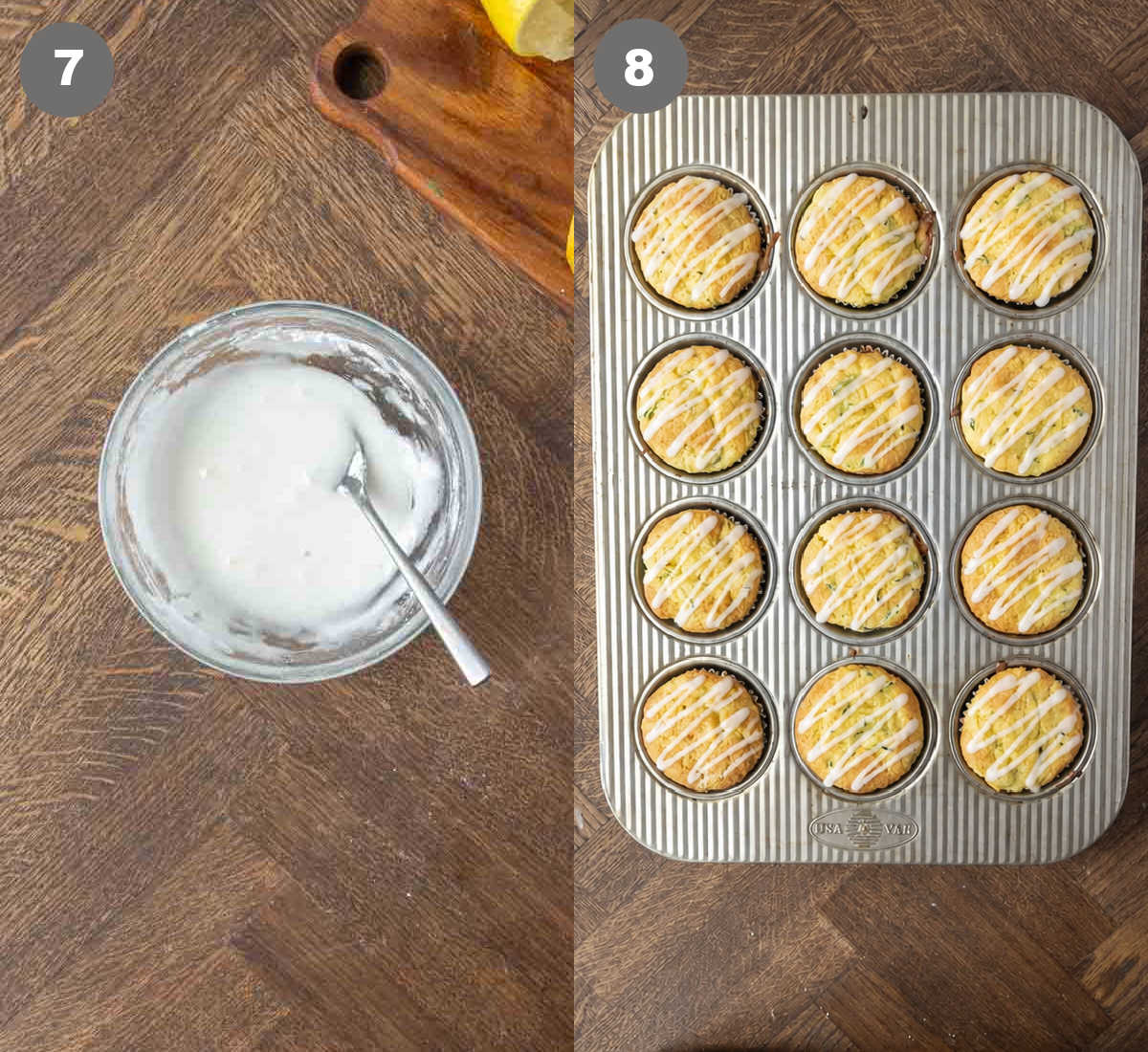 Steps 7 and 8 for making lemon zucchini muffins.
