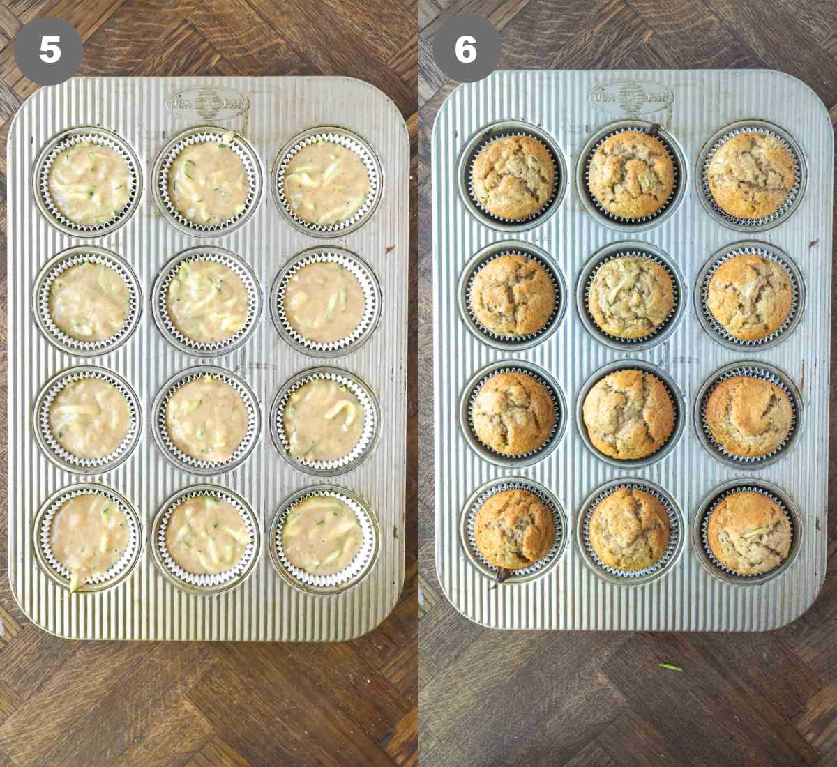 Steps 5 and 6 for making banana and zucchini muffins.