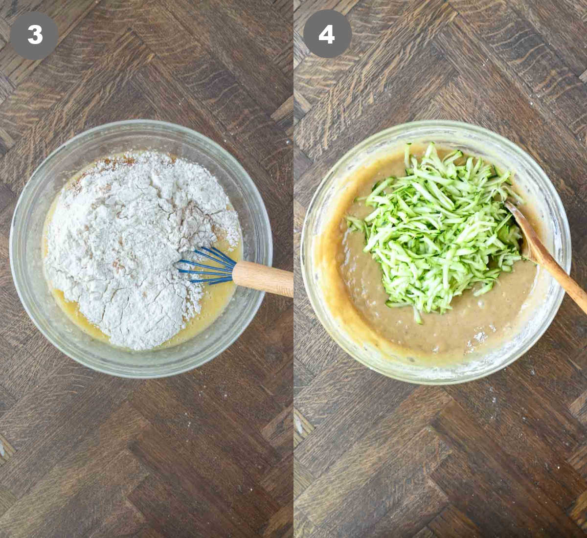 Steps 3 and 4 for banana zucchini muffins.