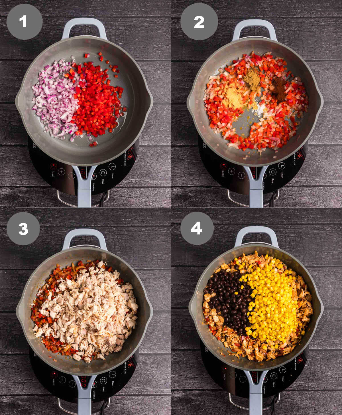 Steps 1 through 4 for making tex mex egg rolls.