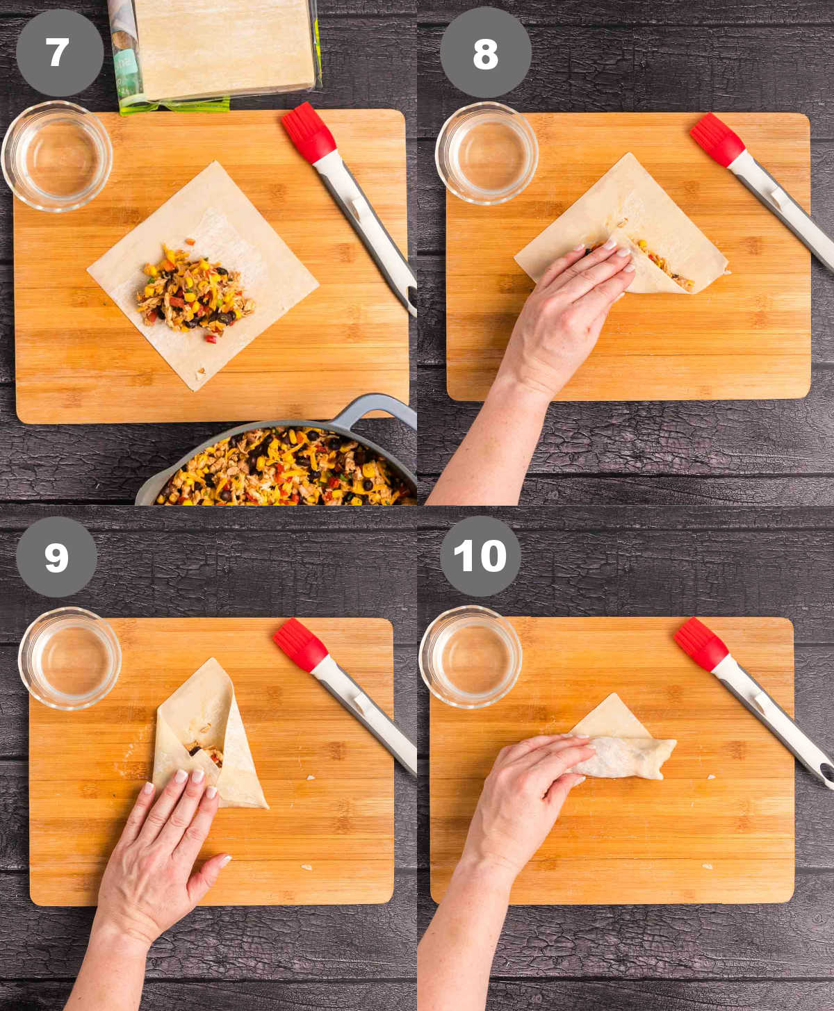 Steps 7 through 10 for making cheesecake factory egg rolls.