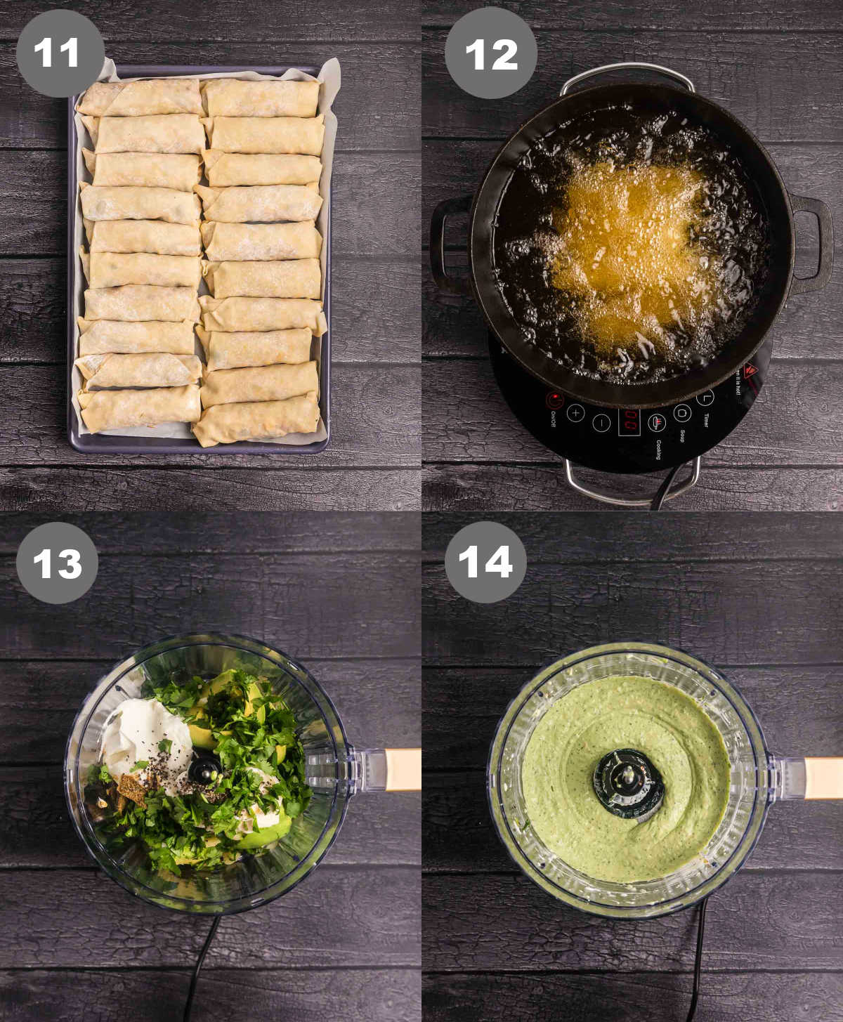 Steps 11 through 14 for making tex mex egg rolls.