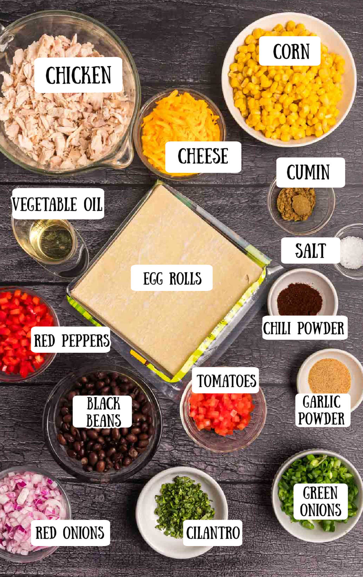 Labeled ingredients for cheesecake factory tex mex egg rolls.