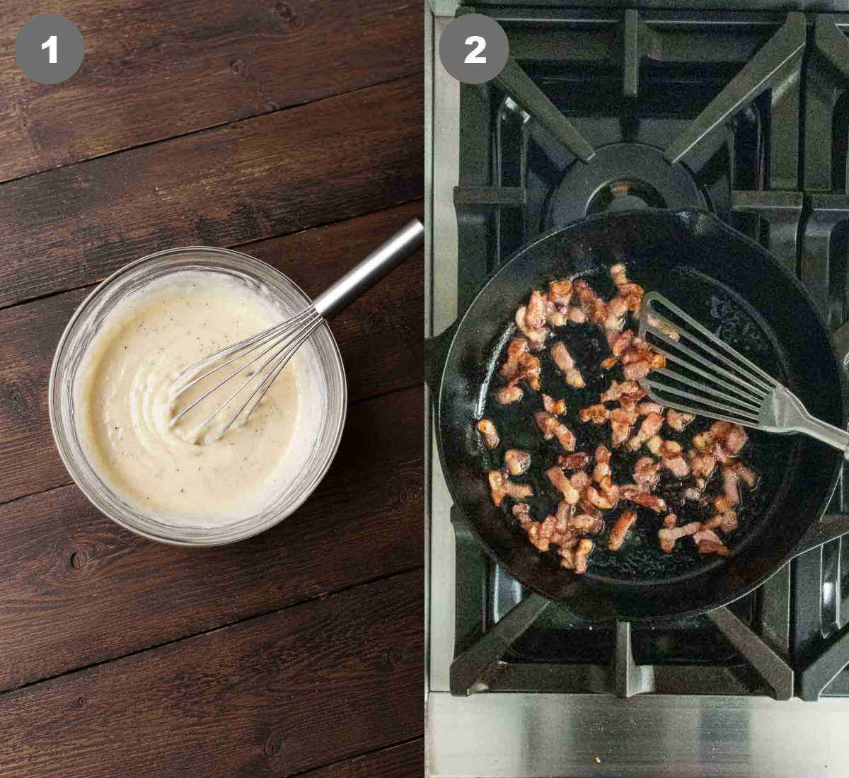 Caesar dressing mixed in a bowl. and bacon cooked in a skillet.