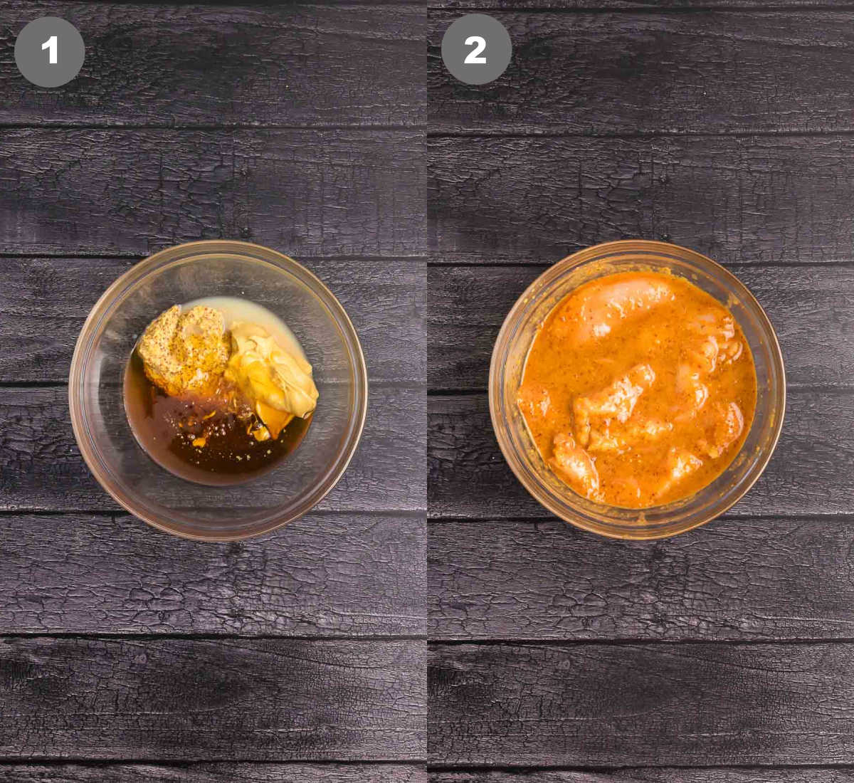 Honey mustard sauce mixed in a bowl then chicken added.