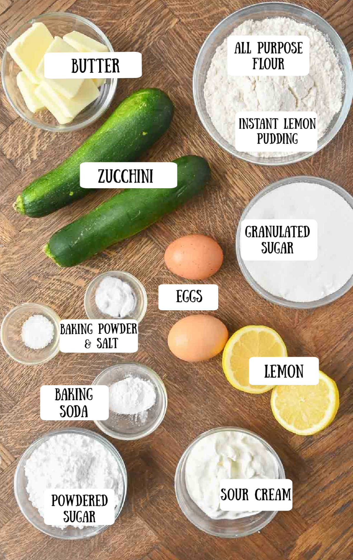 Labeled ingredients for lemon zucchini muffins.