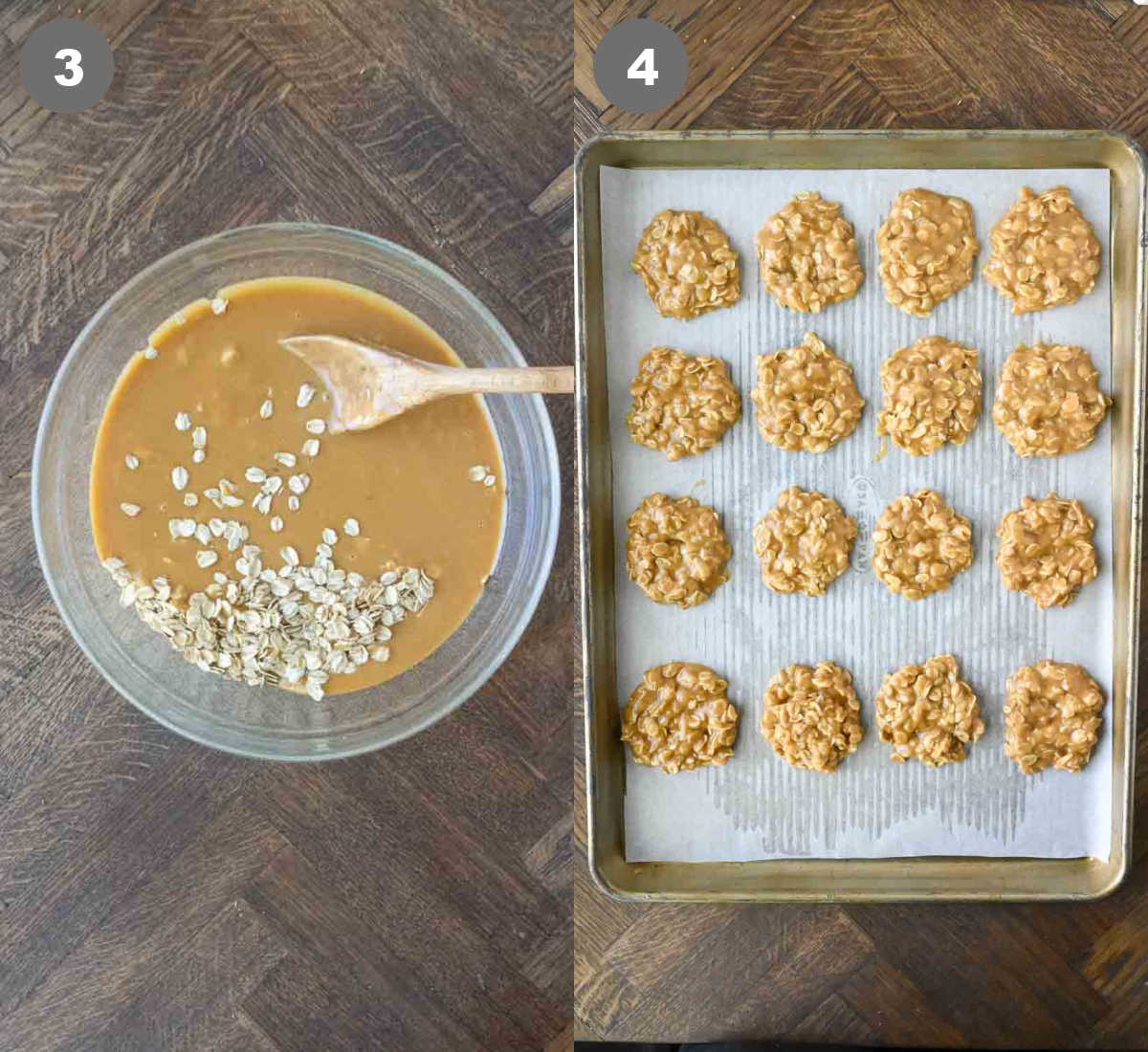 Steps 3 and 4 to make no bake oatmeal peanut butter cookies.