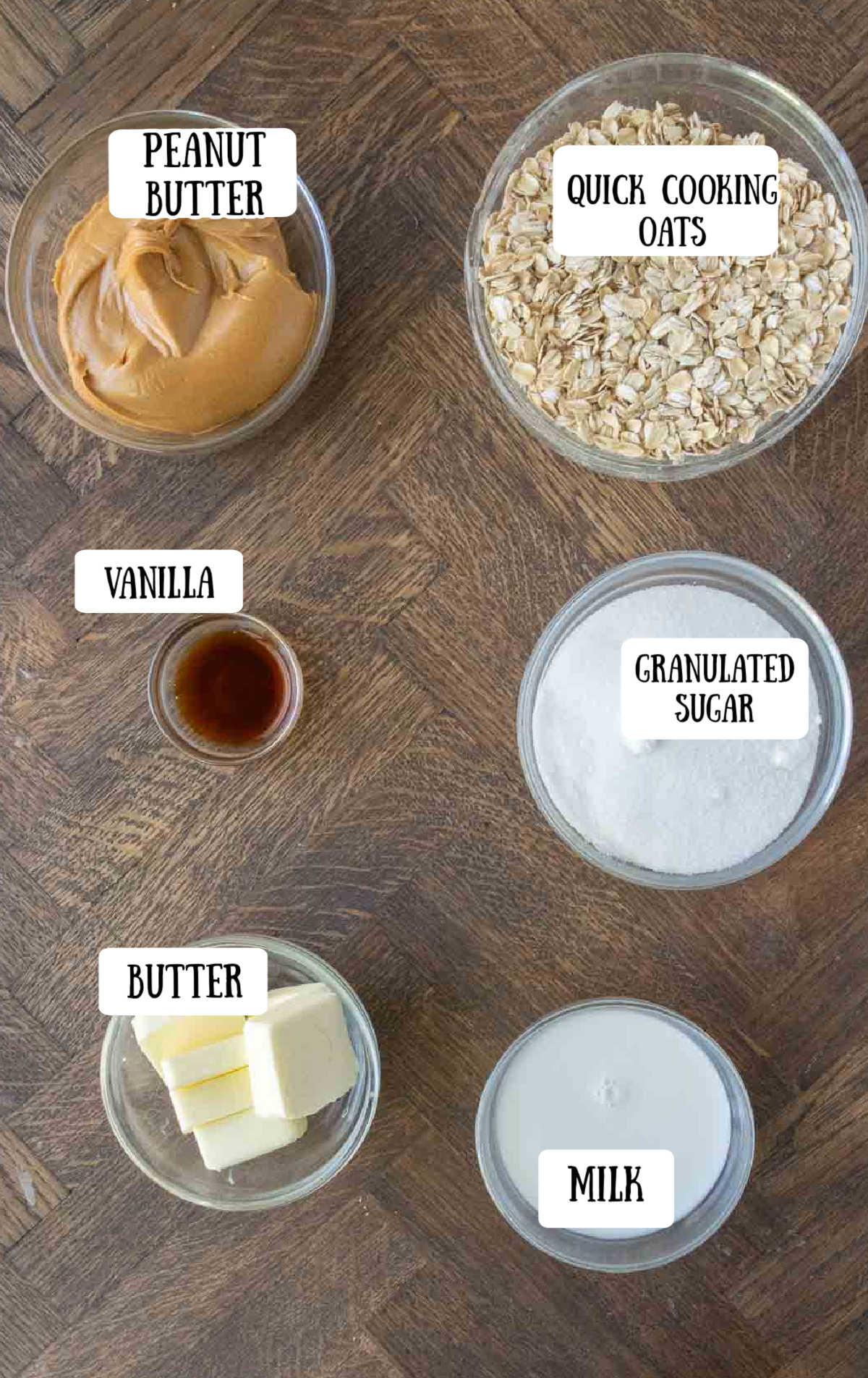 Labeled ingredients for no bake oatmeal peanut butter cookies.