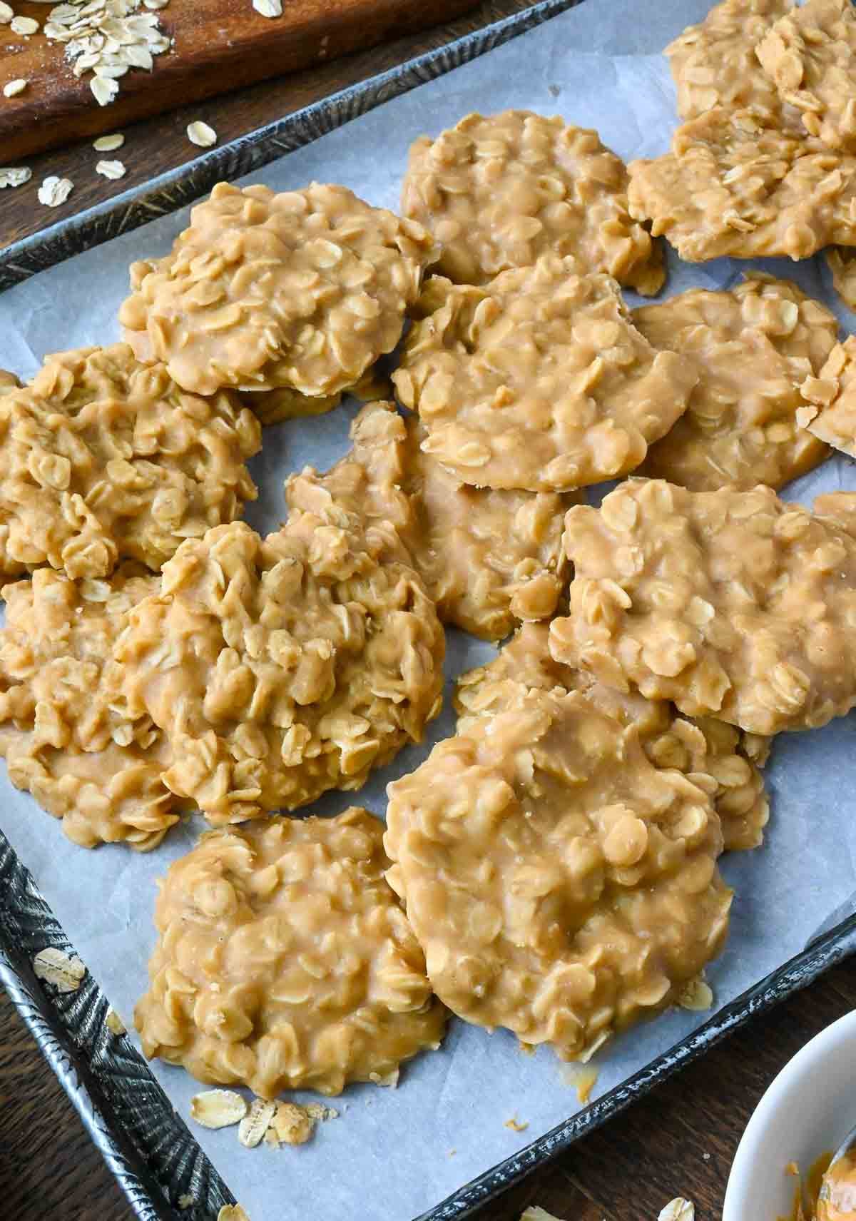 A tray of no bake oatmeal peanut butter cookies.