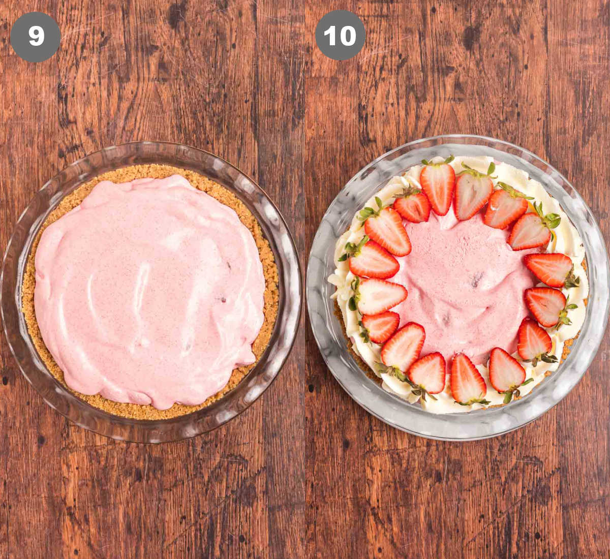 Steps 9 and 10 for making strawberry cool whip pie.