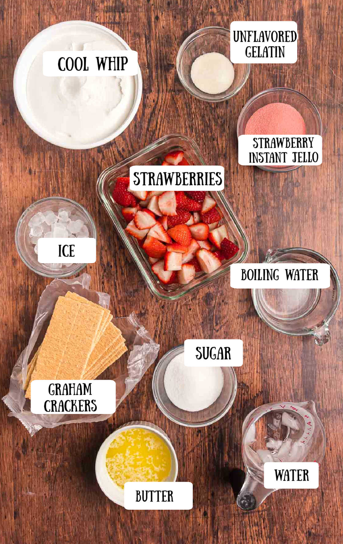 Labeled ingredients for strawberry cool whip pie.