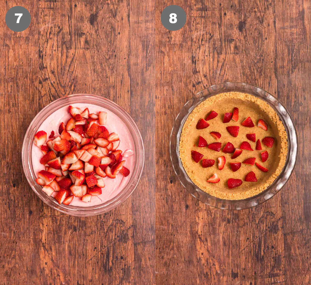 Steps 7 and 8 for no bake strawberry cool whip pie.