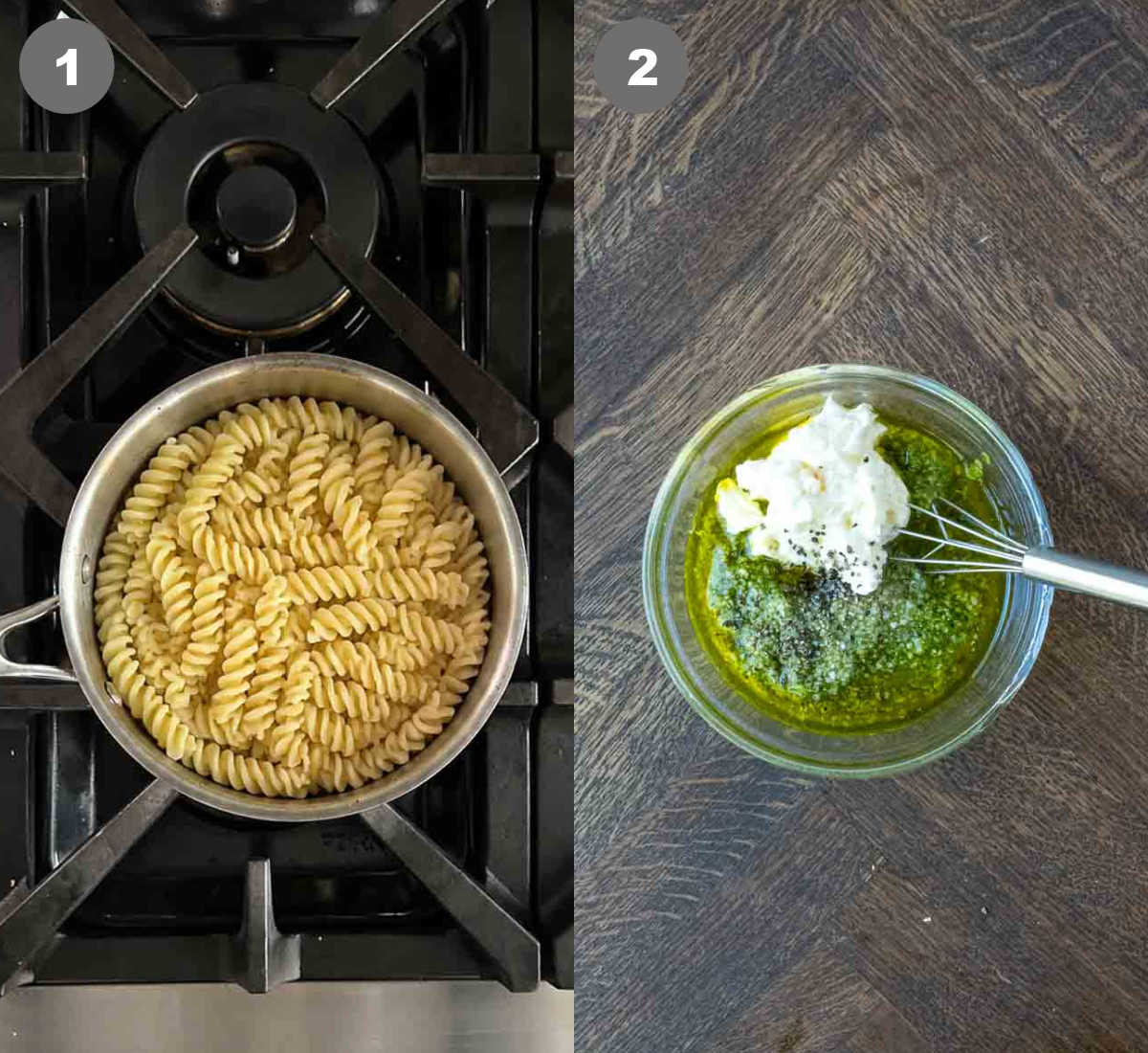 Steps 1 and 2 for making pesto pasta salad.