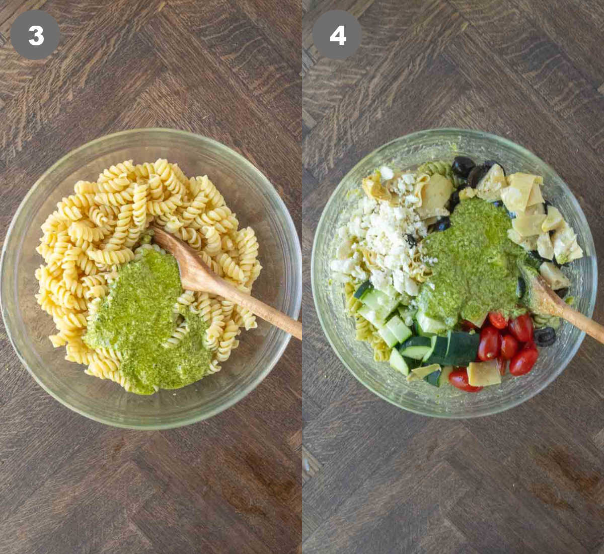 Steps 3 and 4 for making pasta salad.