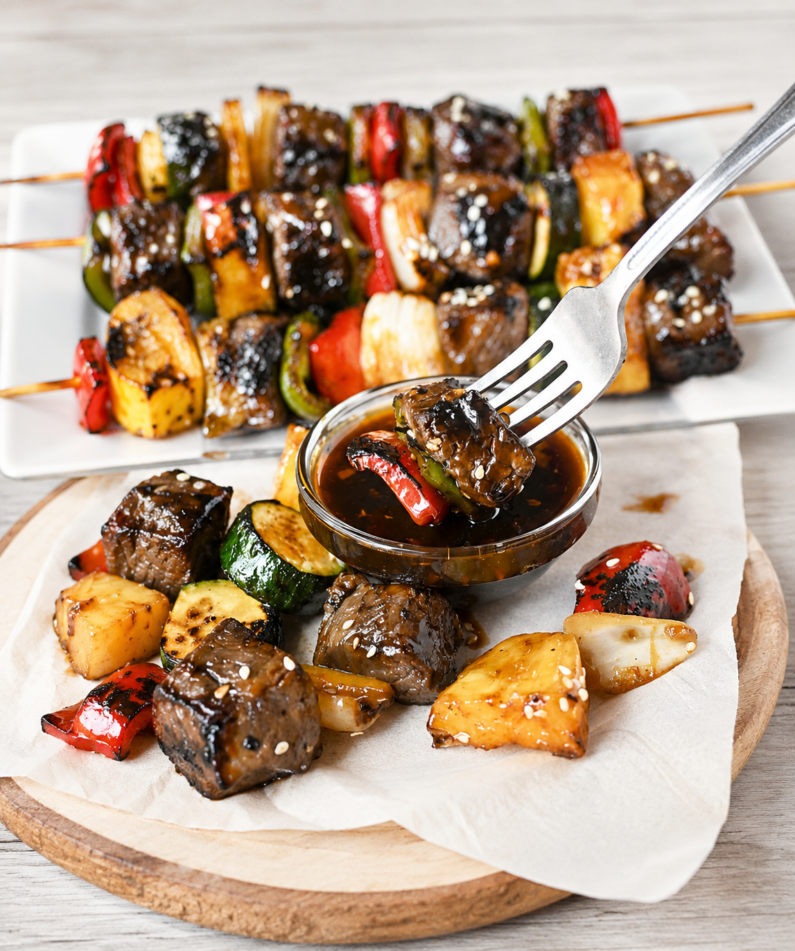 Grilled teriyaki steak kebabs on a platter.