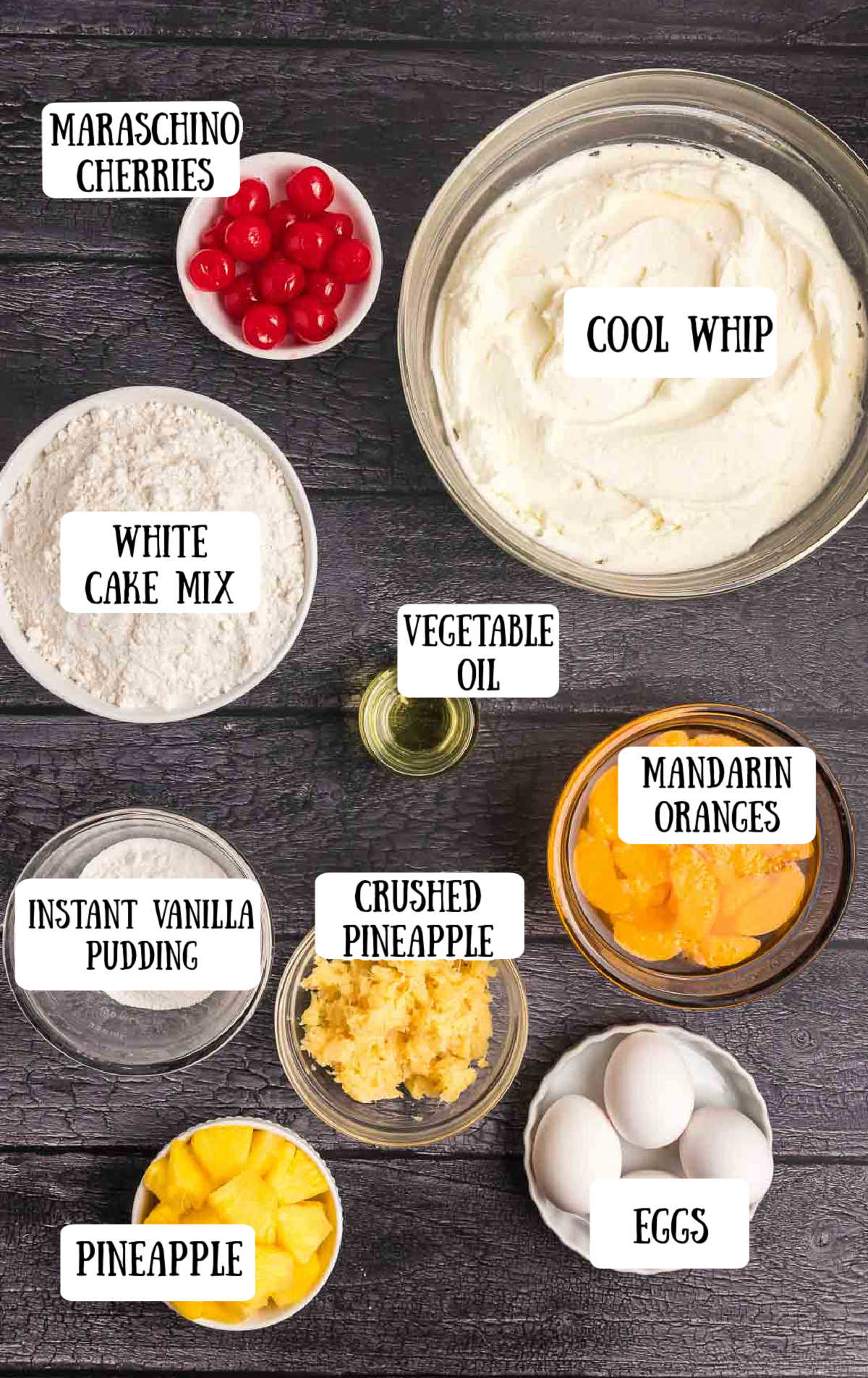 Labeled ingredients for sunshine cake.