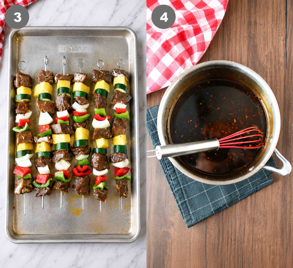 Kebabs on a baking sheet. And sauce simmered in a pot.