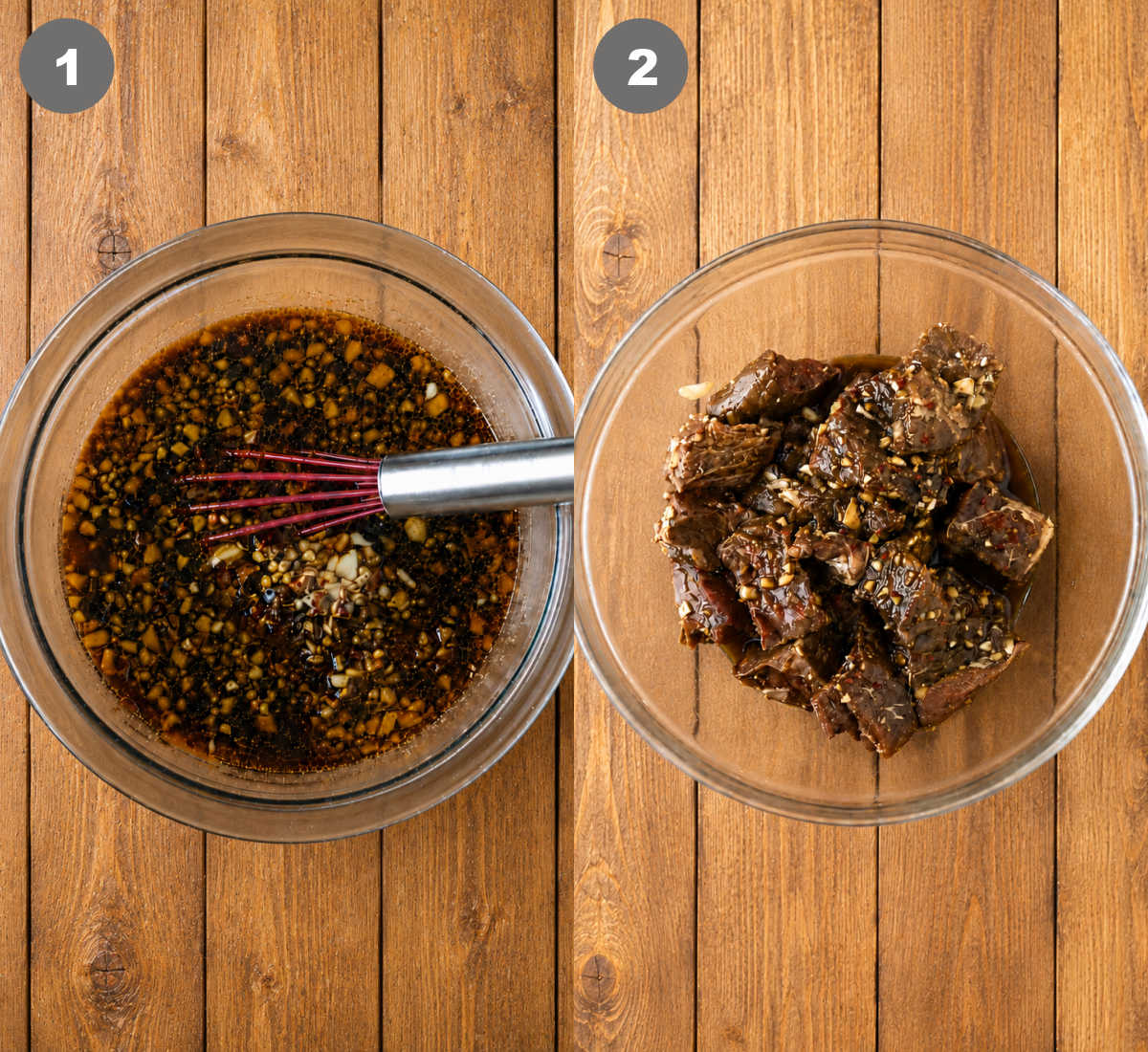 Sauce mixed in a bowl and steak added in.