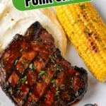 Pinterest graphic featuring grilled hoisin pork chops.
