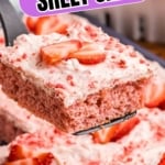 Pinterest grapahic featuring strawberry sheet cake.