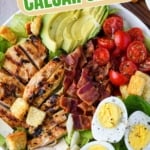 Pinterest graphic featuring grilled chicken caesar salad.