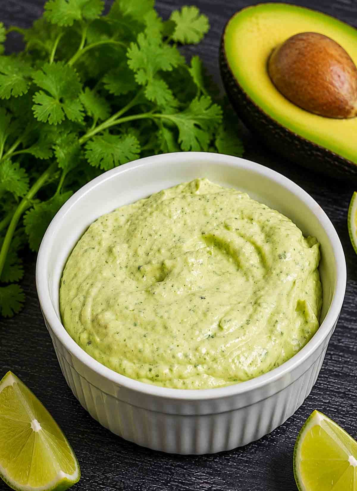 A ramekin filled with creamy avocado sauce, limes and avocado served on the side.