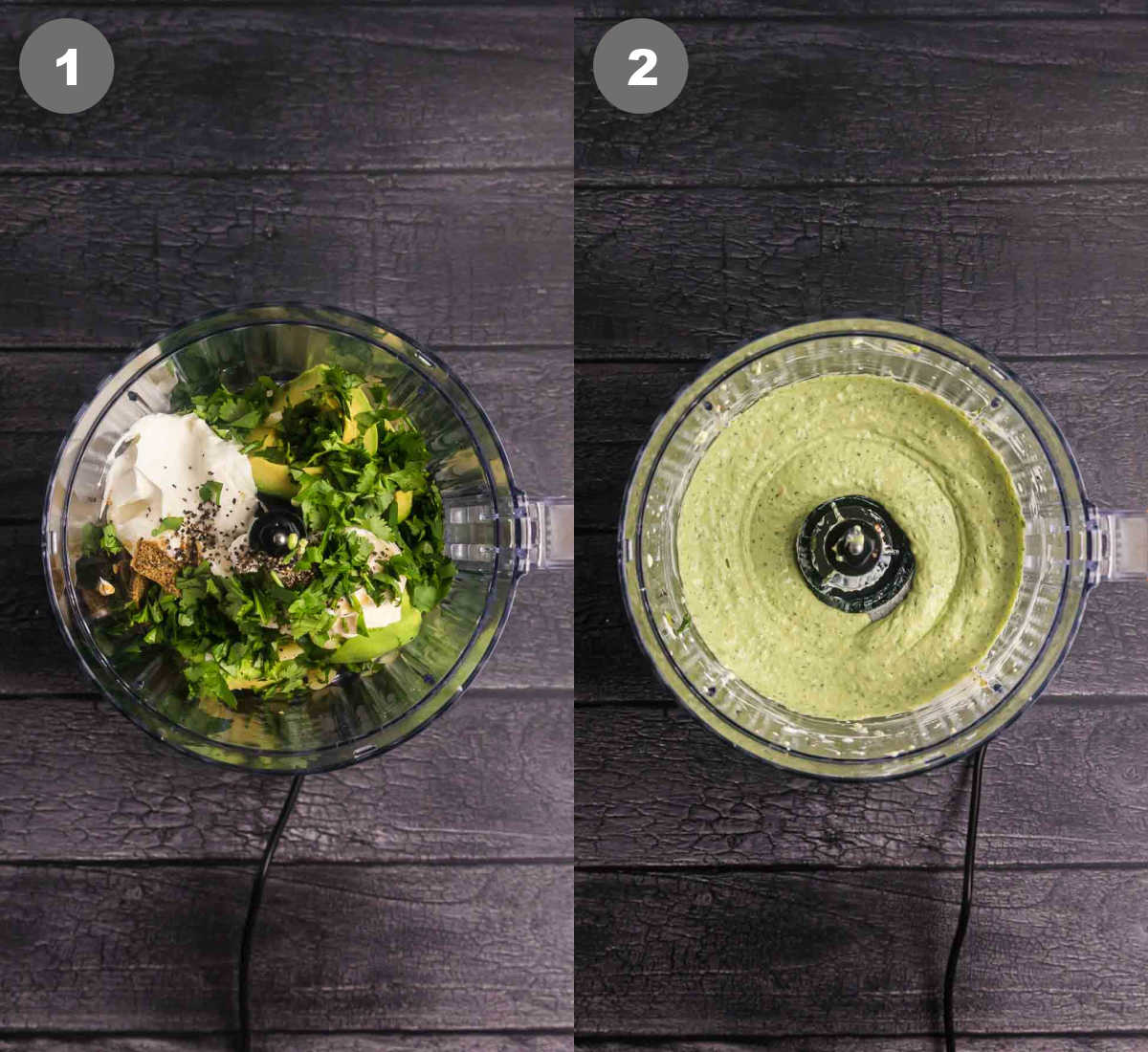 Steps 1 and 2 for making creamy avocado sauce in a food processor.