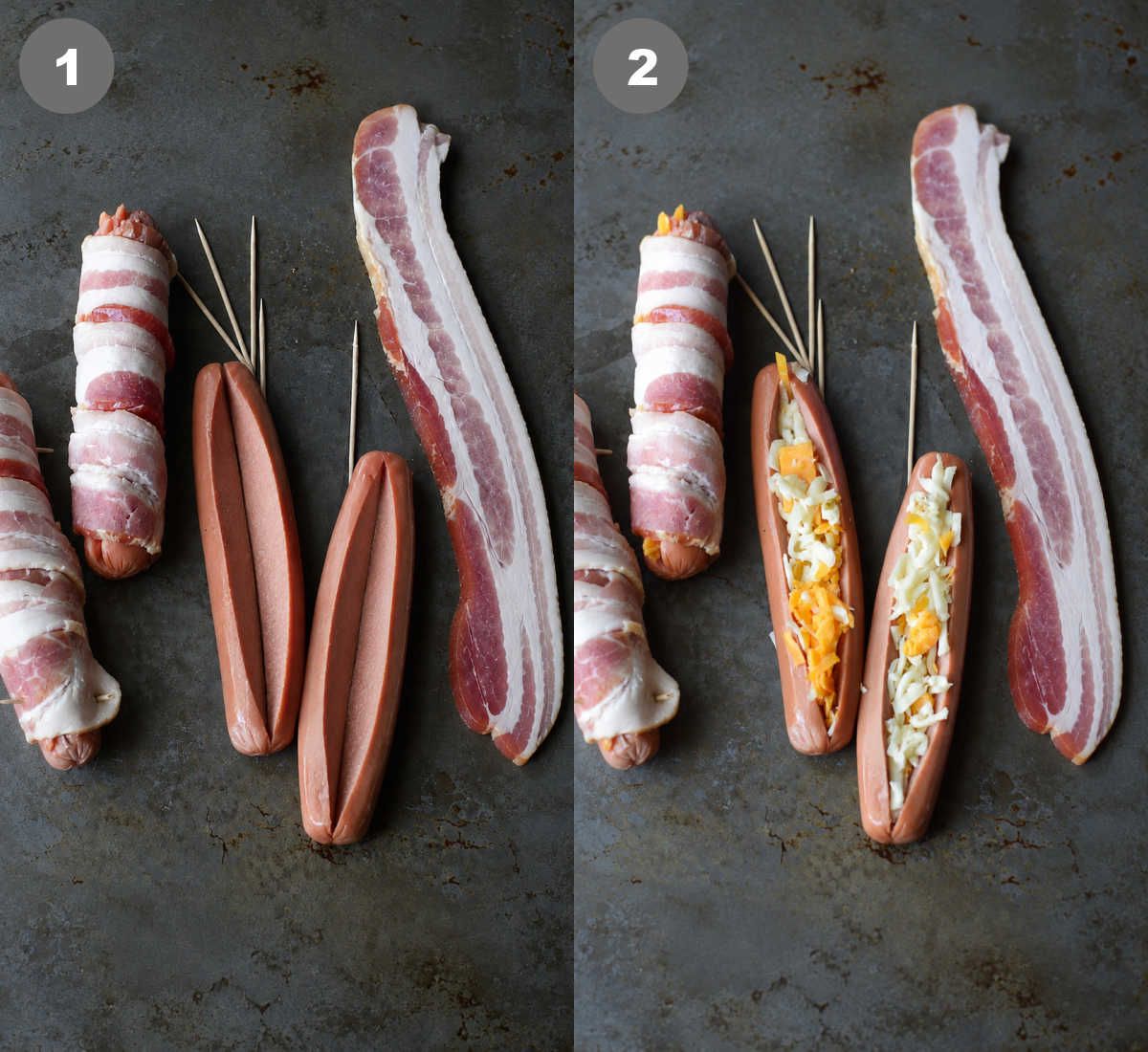 Steps 1 and 2 for making bacon wrapped hot dogs.
