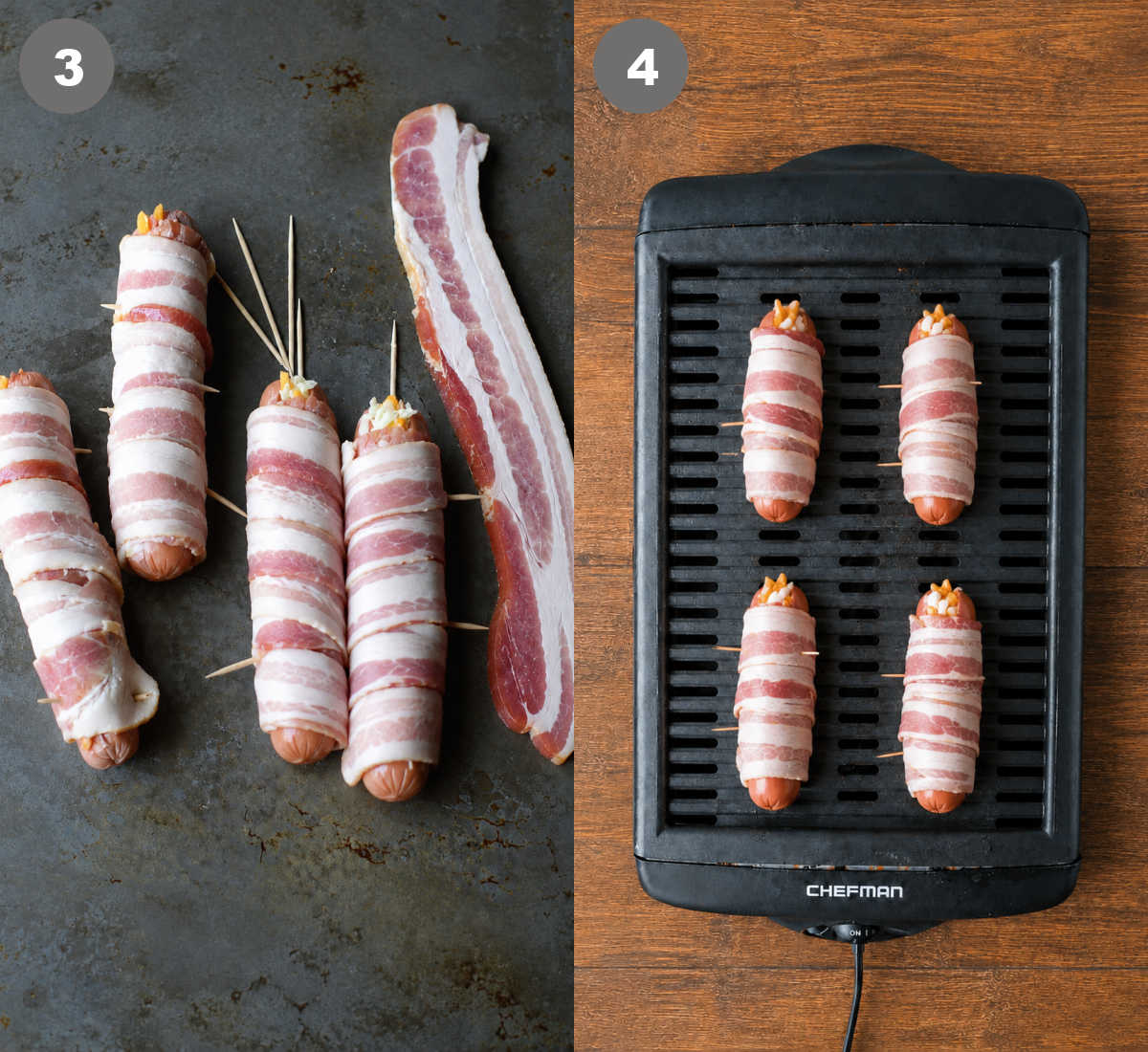 Steps 3 and 4 for making bacon wrapped hot dogs.