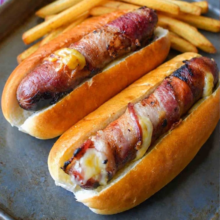 Bacon wrapped hot dogs with french fries on the side.