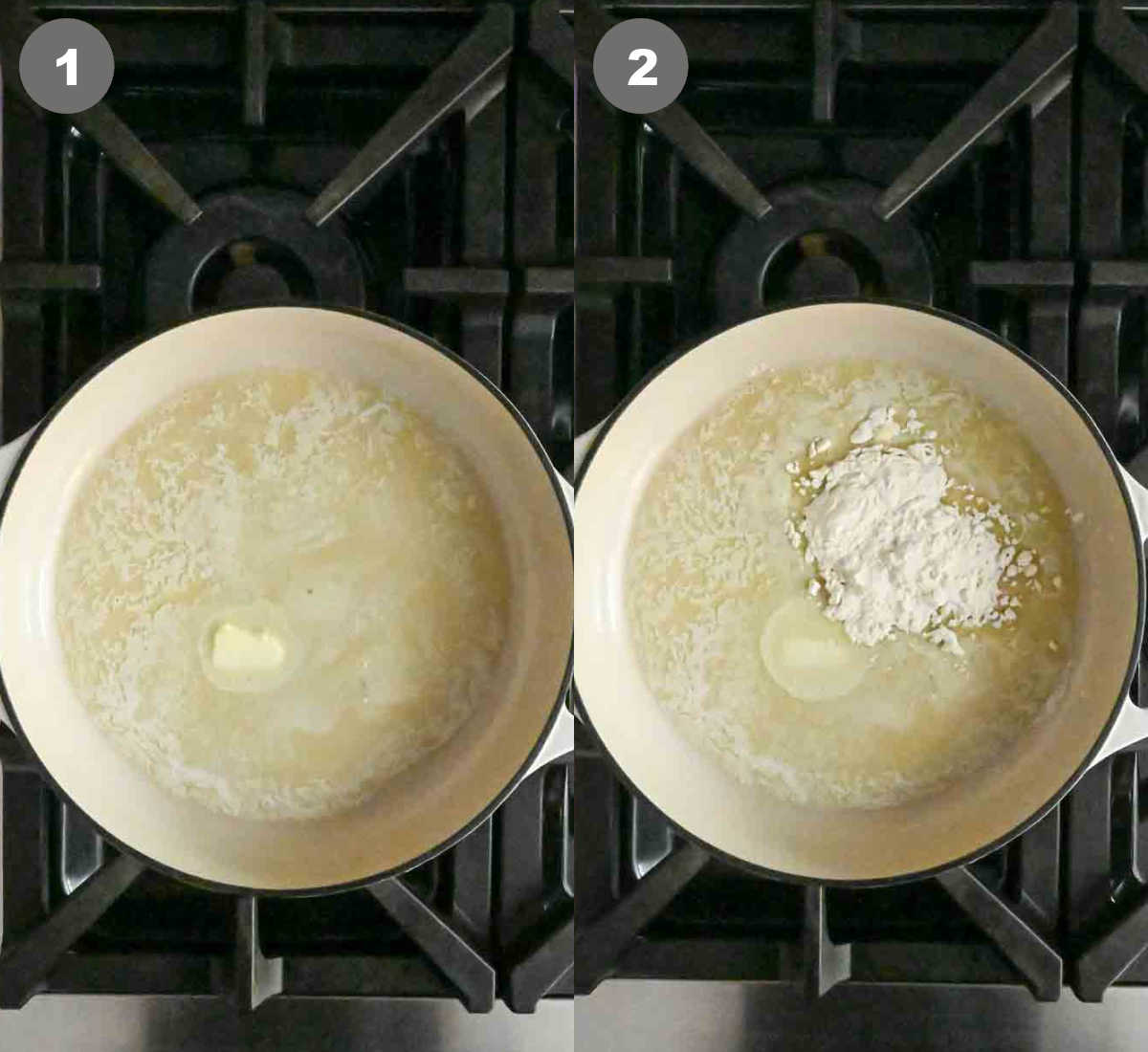 Steps 1 and 2 for making mac and cheese.