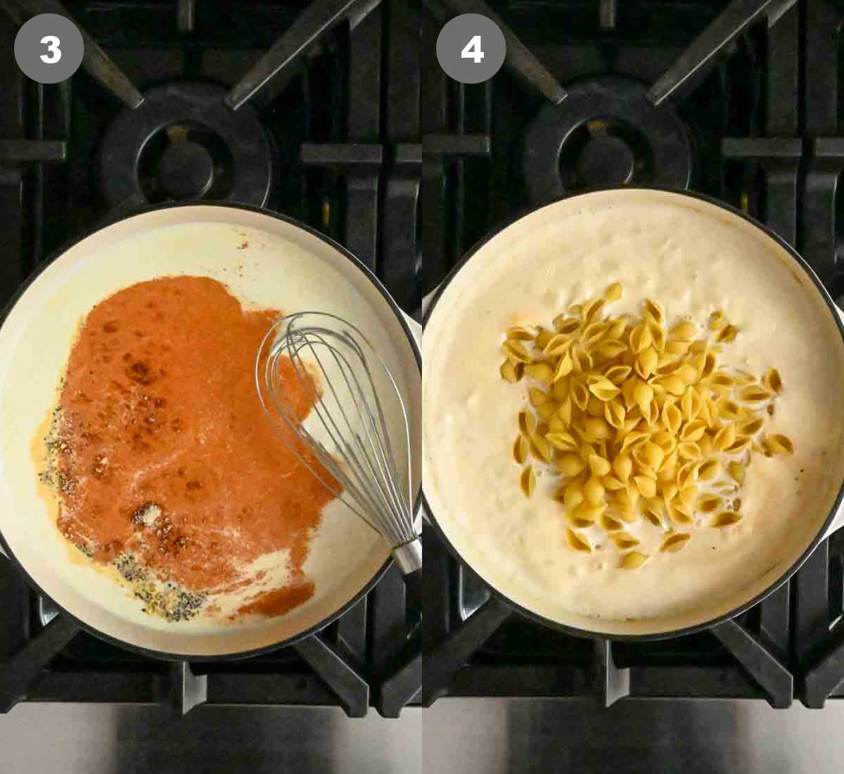 Steps 3 and 4 for making broccoli mac and cheese.