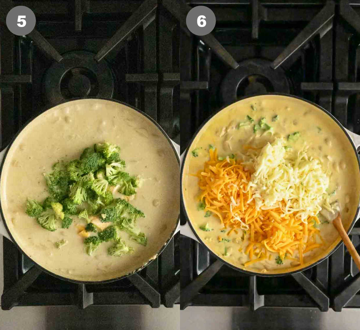 Steps 5 and 6 for broccoli mac and cheese.