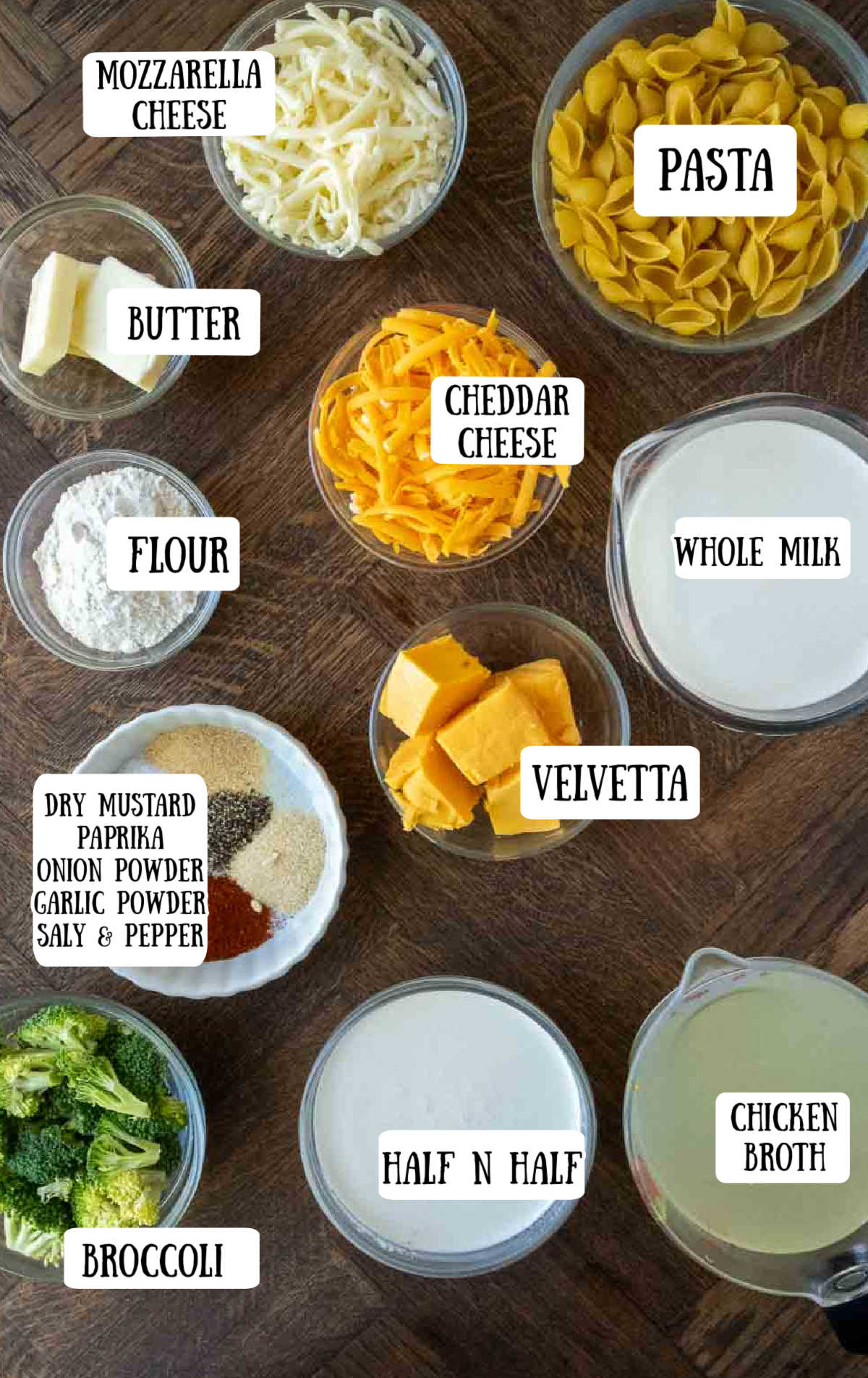 Labeled ingredients for broccoli mac and cheese.