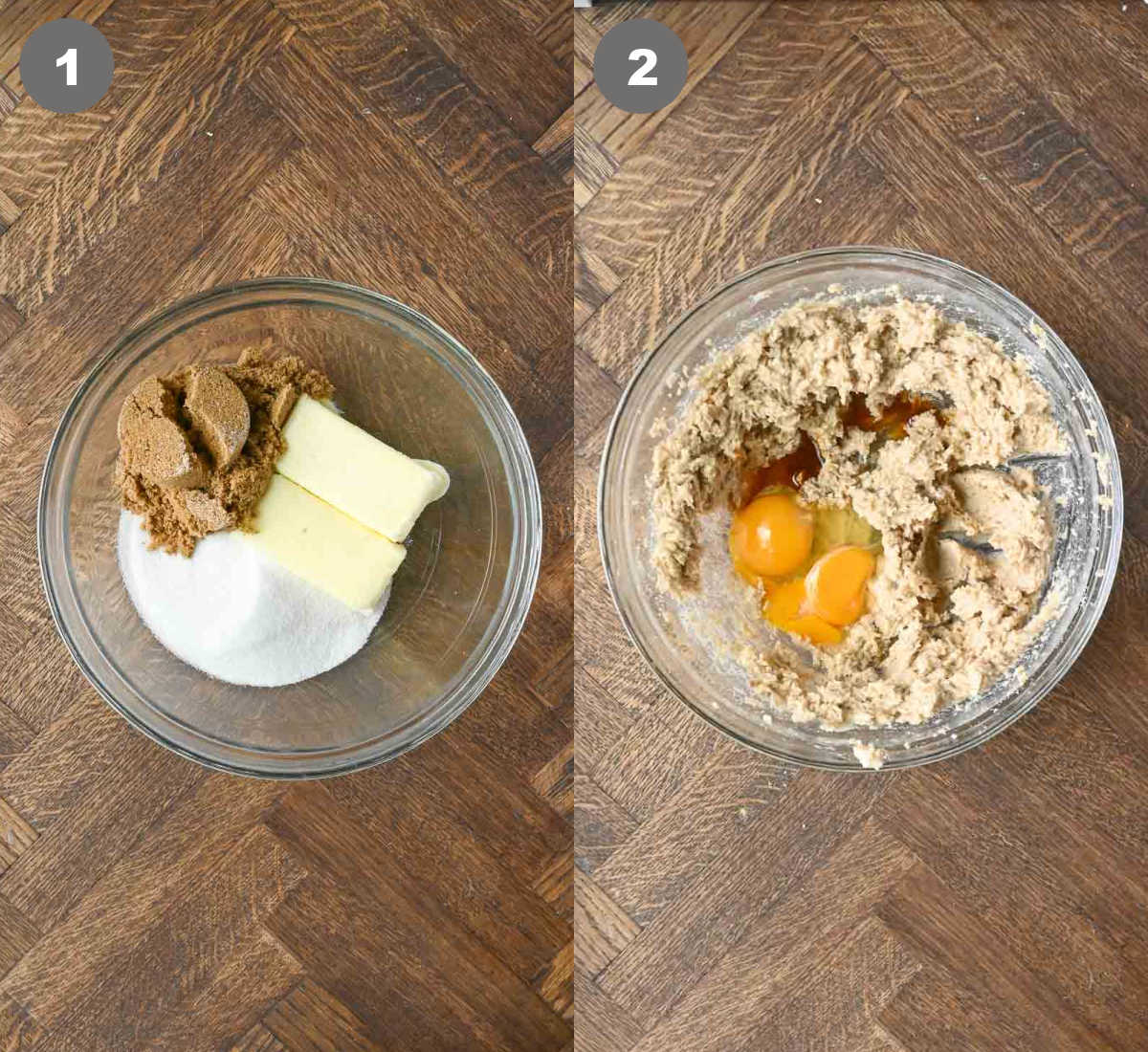 Steps 1 and 2 for making cookie cheesecake bars.