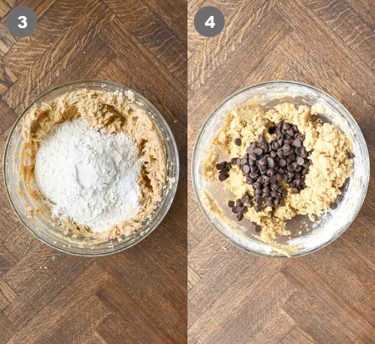 Steps 3 and 4 for making chocolate chip cookie cheesecake bars.