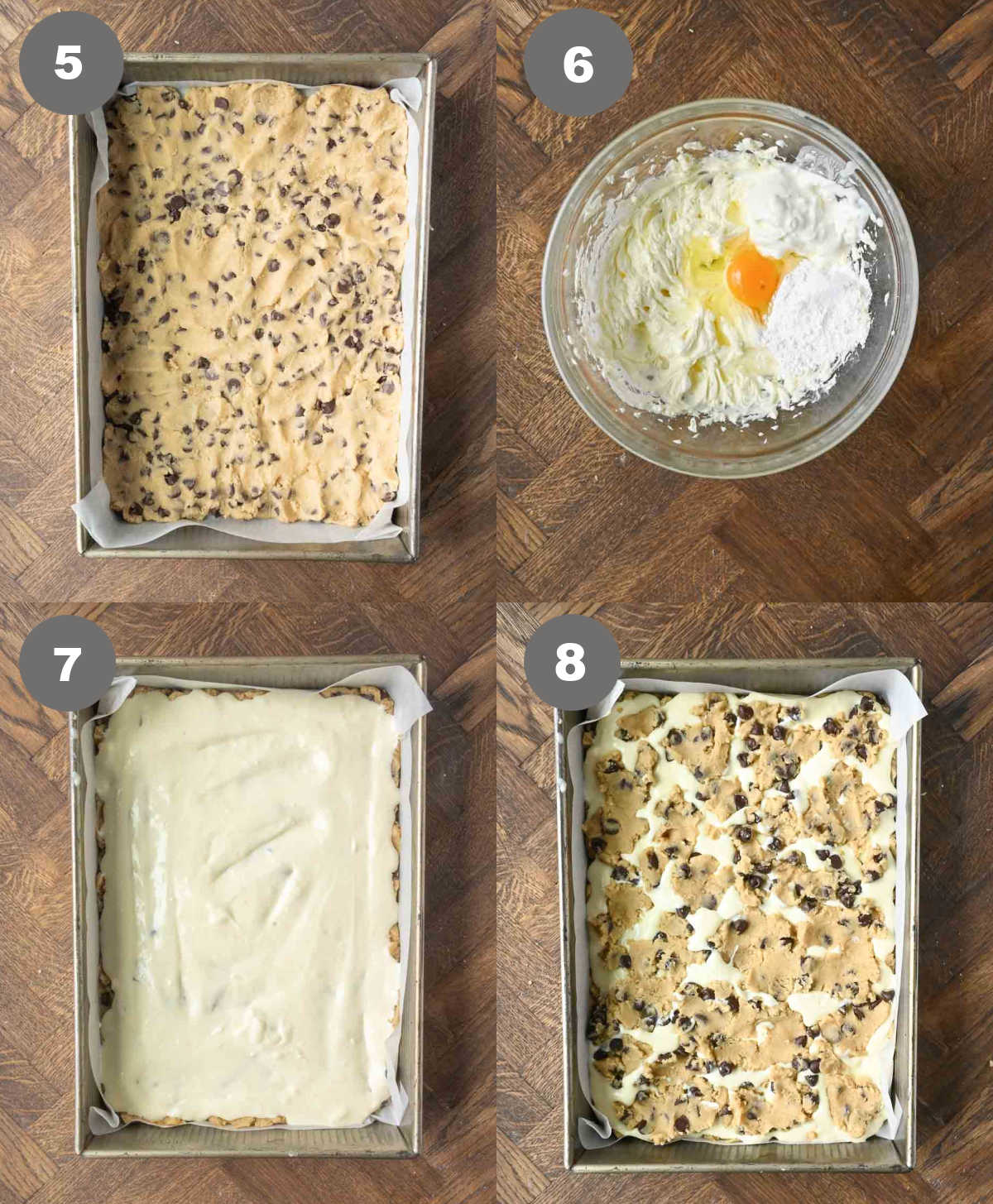 Steps 5 through 8 for making cookie cheesecake bars.