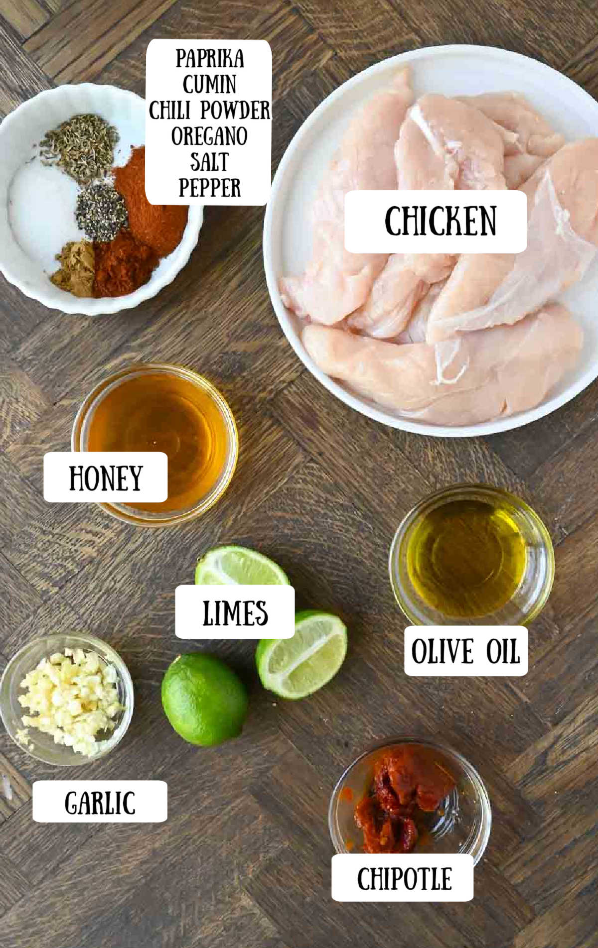 Labeled ingredients for copycat chipotle honey chicken.