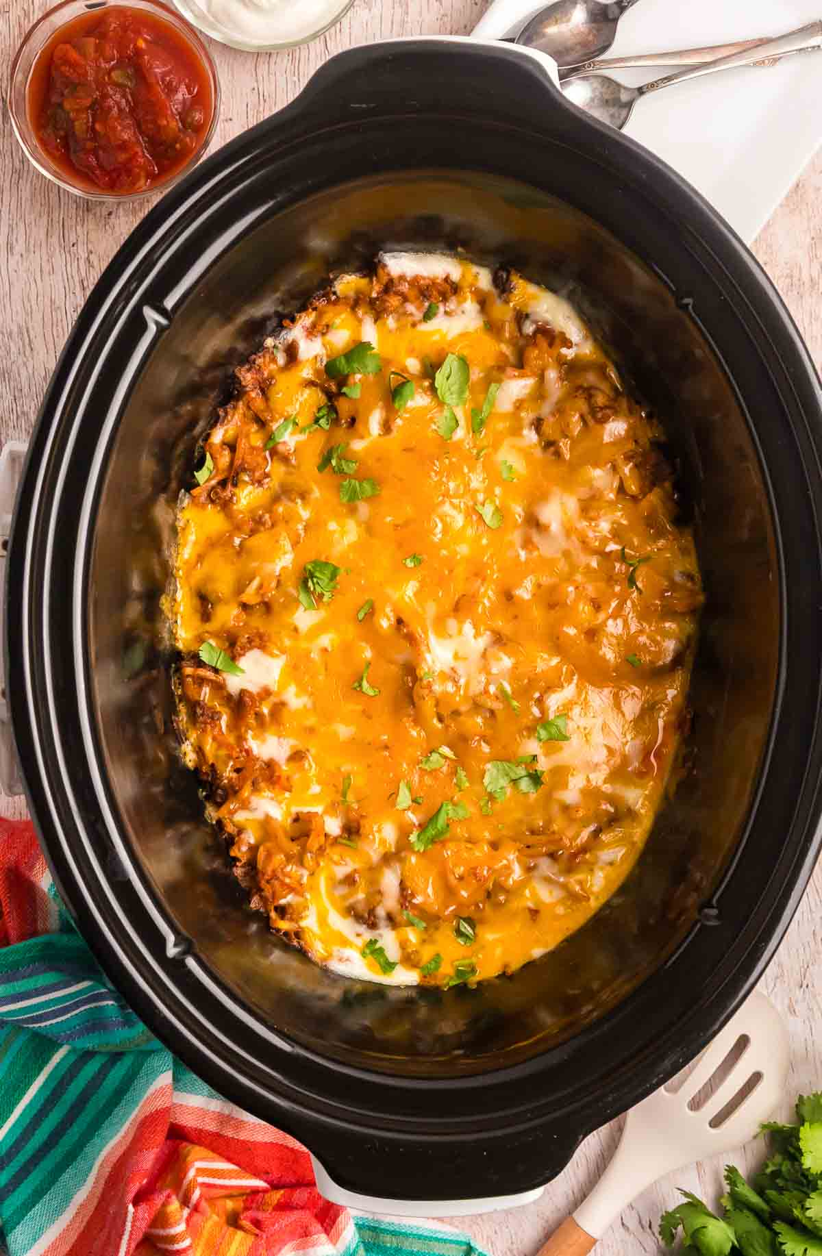Overhead shot of crock pot taco casserole in the slow cooker.
