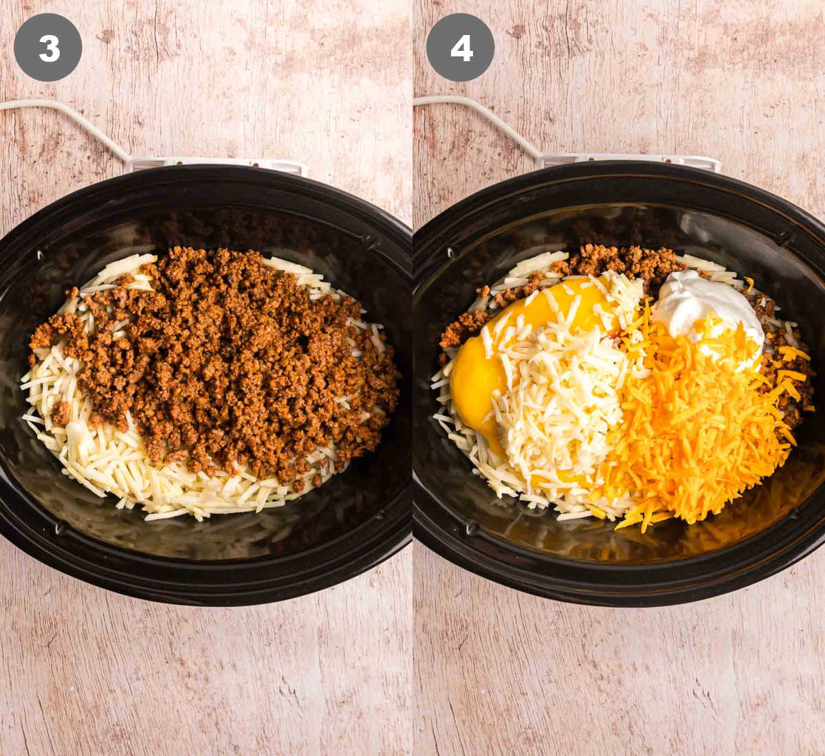 Steps 3 and 4 to make slow cooker taco casserole.